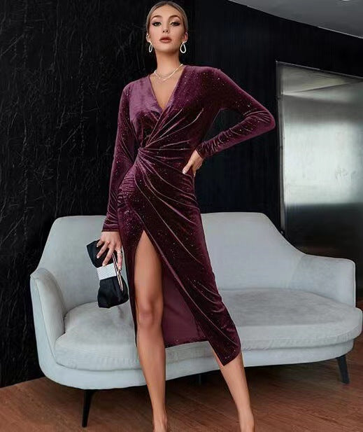 Fashion V Neck Long Sleeve French Slit Evening Dress