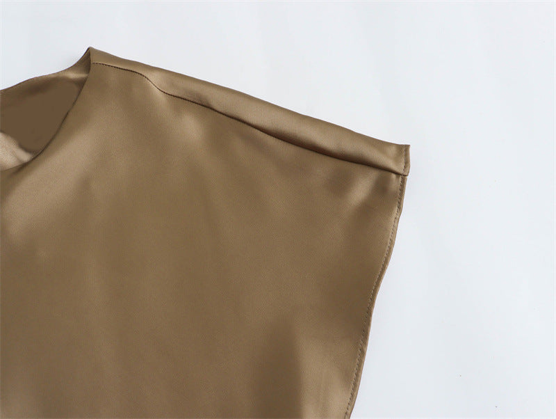 Satin Party Evening Women Midi Dress Elegant Keyhole Back ,A-Line Sleeveless