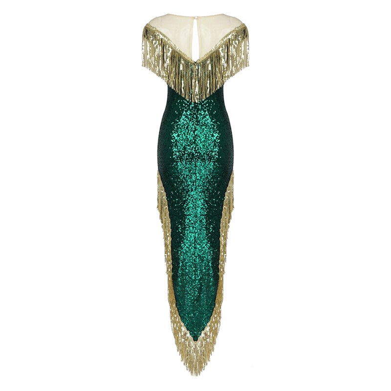 Dark Green Sequin Temperament Tassel Evening Gown