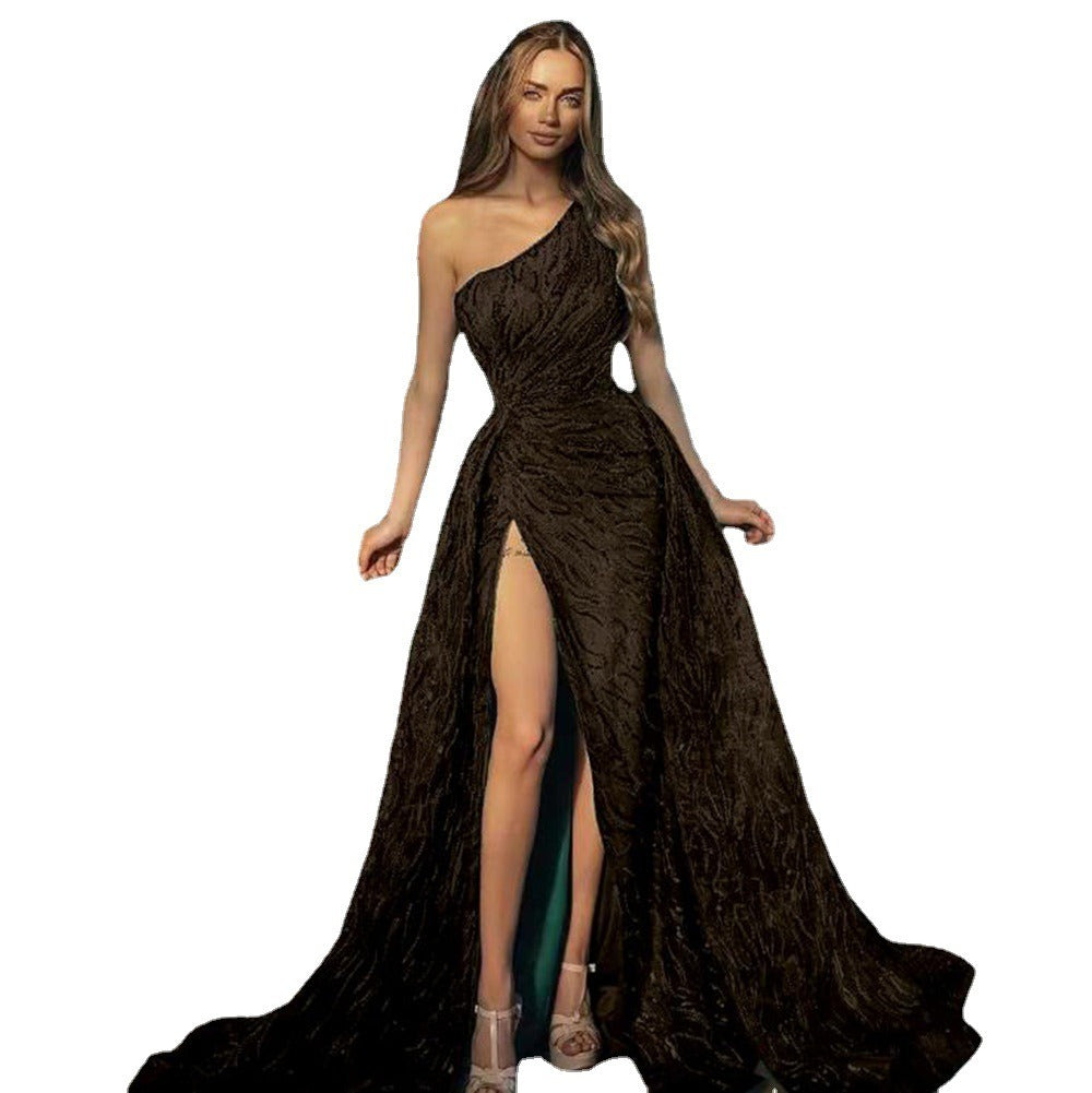 Oblique Shoulder Split Long Dress,with Sequin