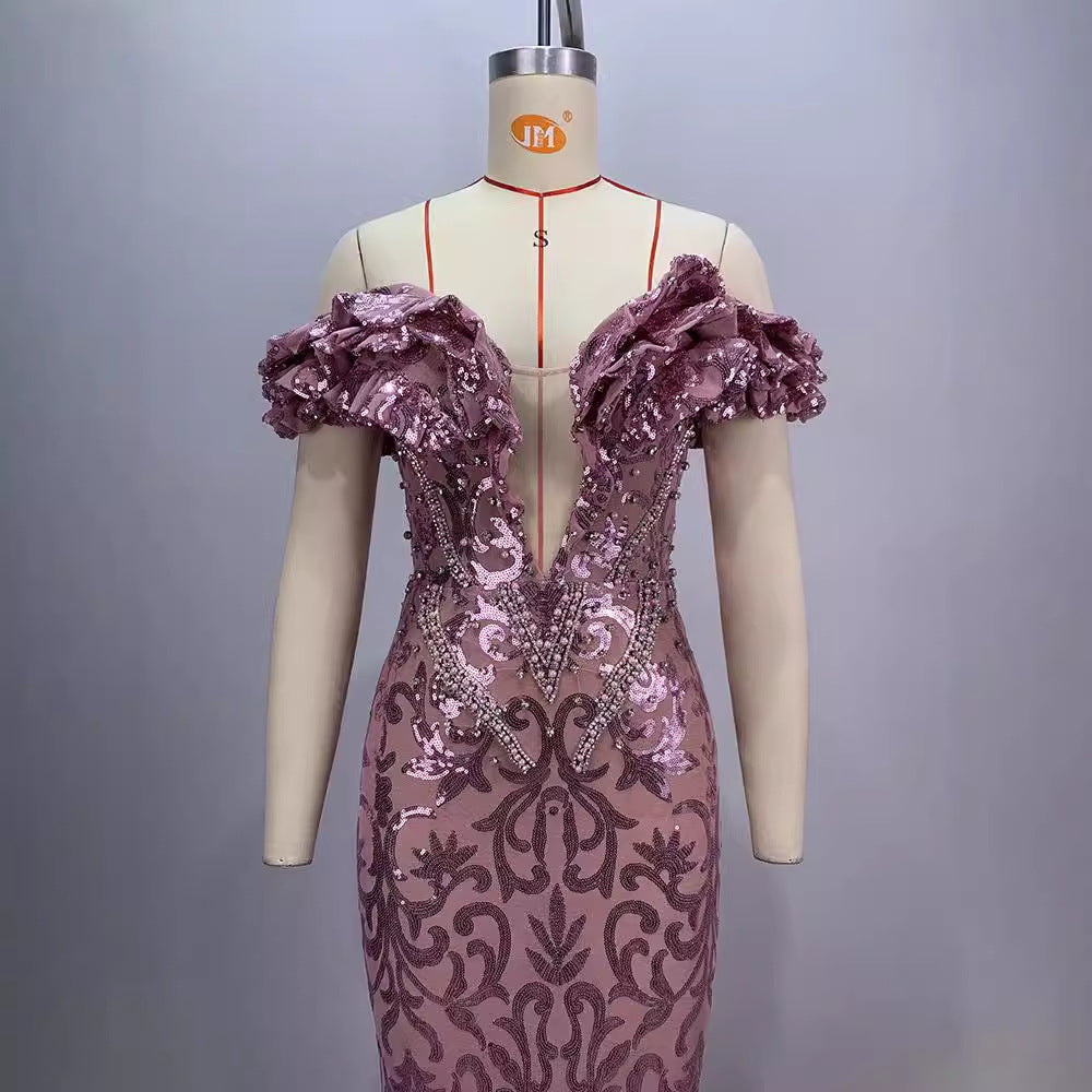 High-end sexy pure desire mesh evening gown see through skirt