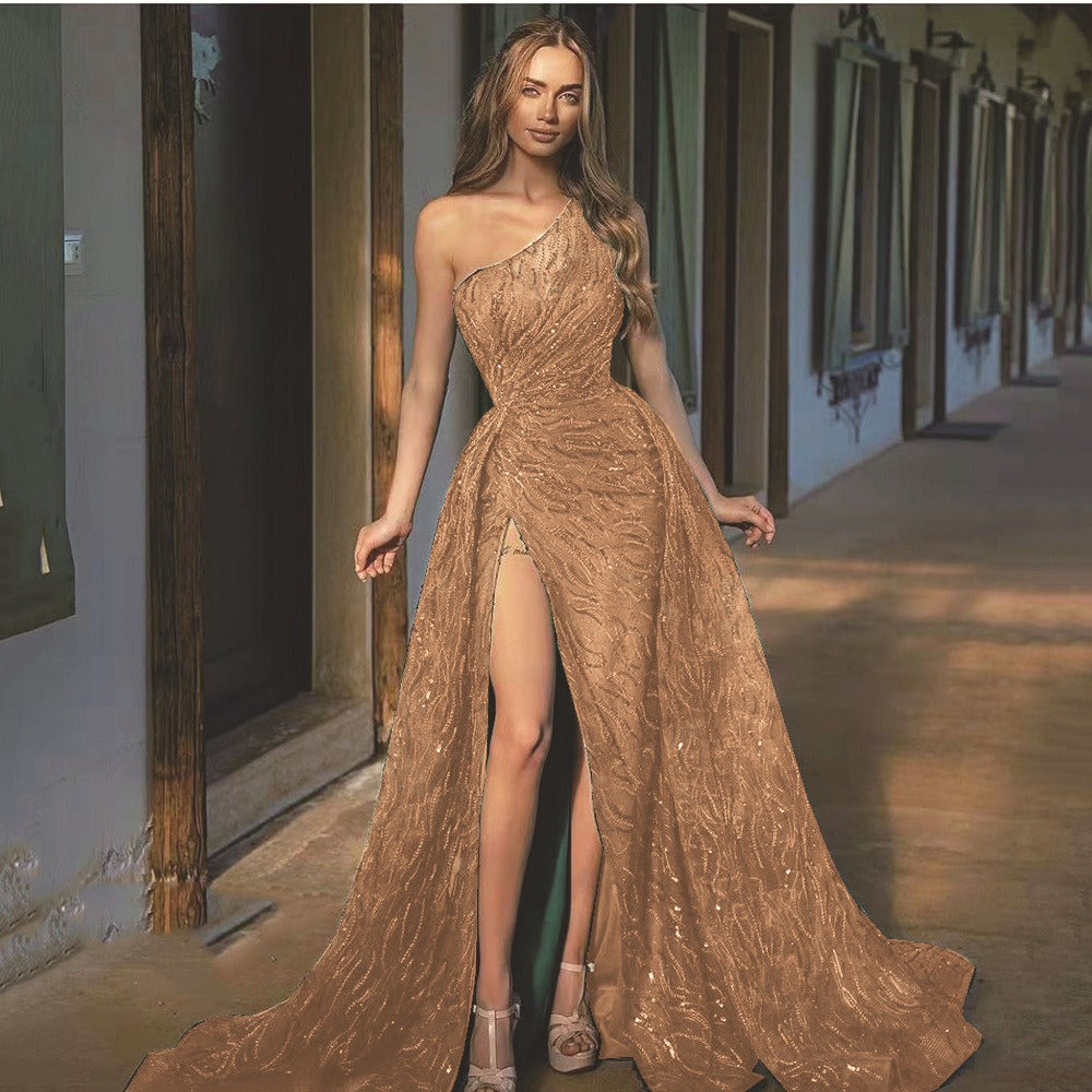 Oblique Shoulder Split Long Dress,with Sequin