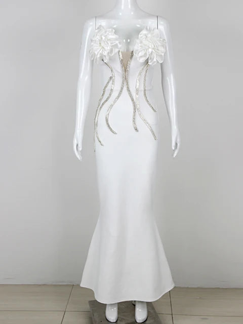 Flower chain strapless long evening dress