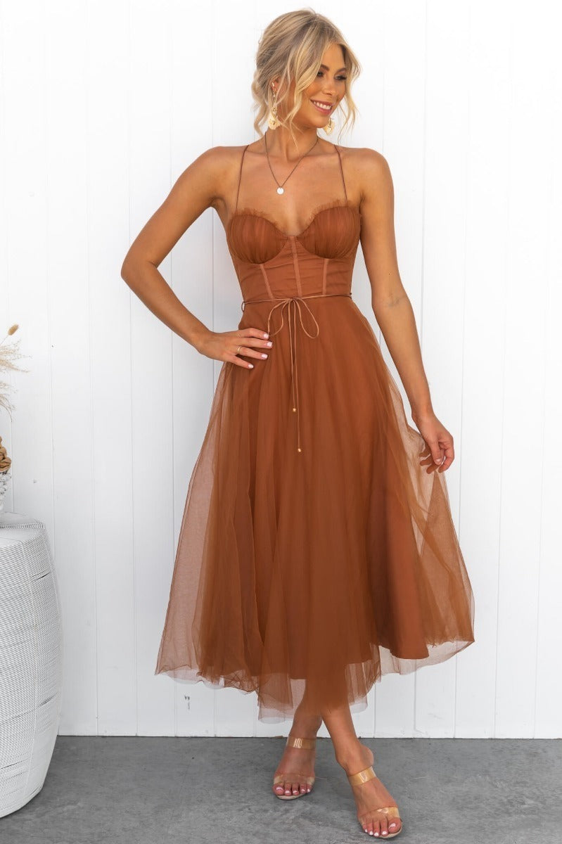 Elegant and sexy suspender mesh party evening dress