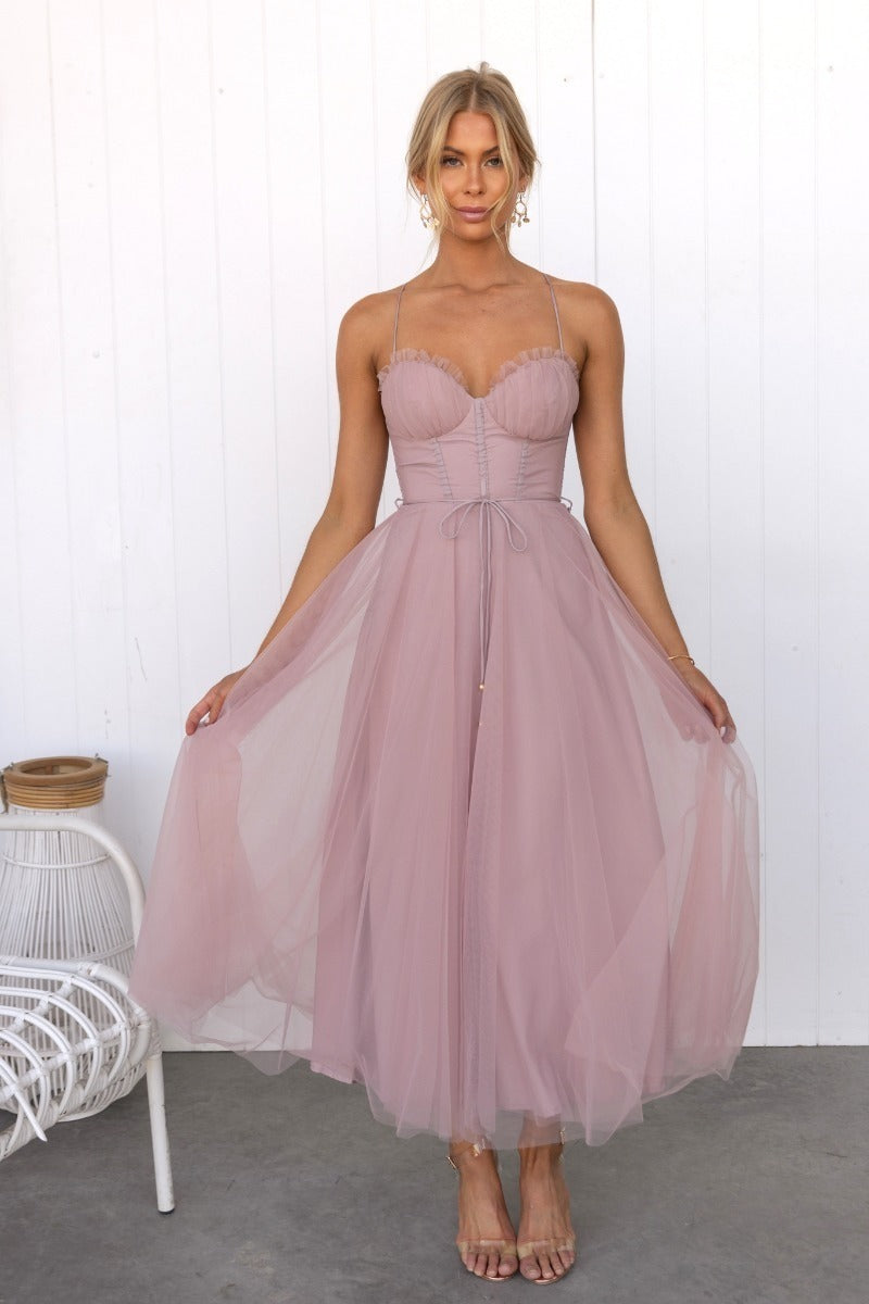 Elegant and sexy suspender mesh party evening dress
