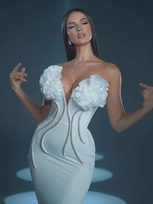 Flower chain strapless long evening dress