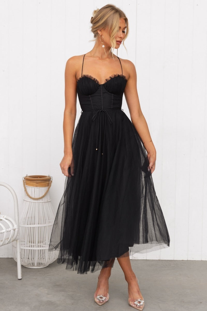Elegant and sexy suspender mesh party evening dress
