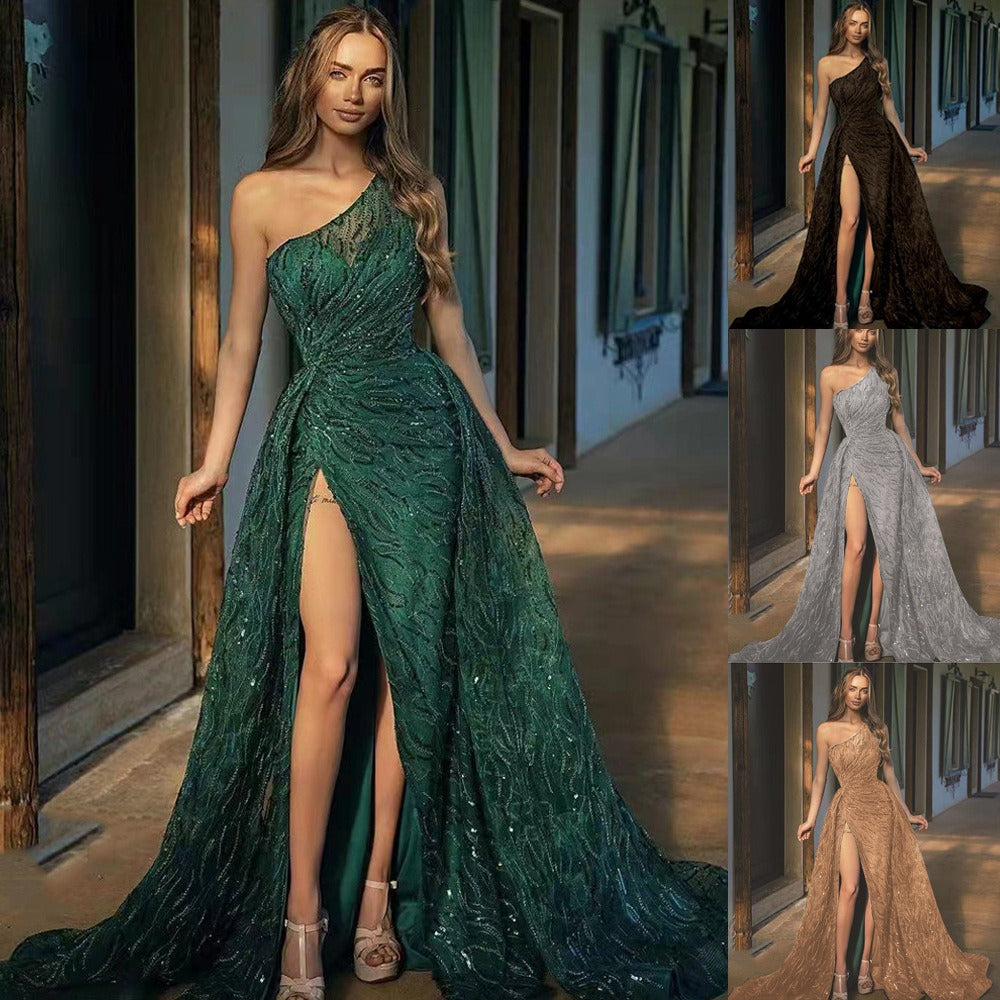 Oblique Shoulder Split Long Dress,with Sequin