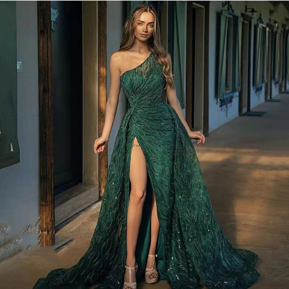 Oblique Shoulder Split Long Dress,with Sequin