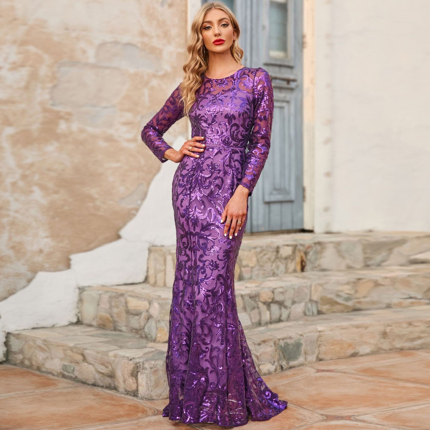 Sequined Round Neck Elegant Long Evening Dress