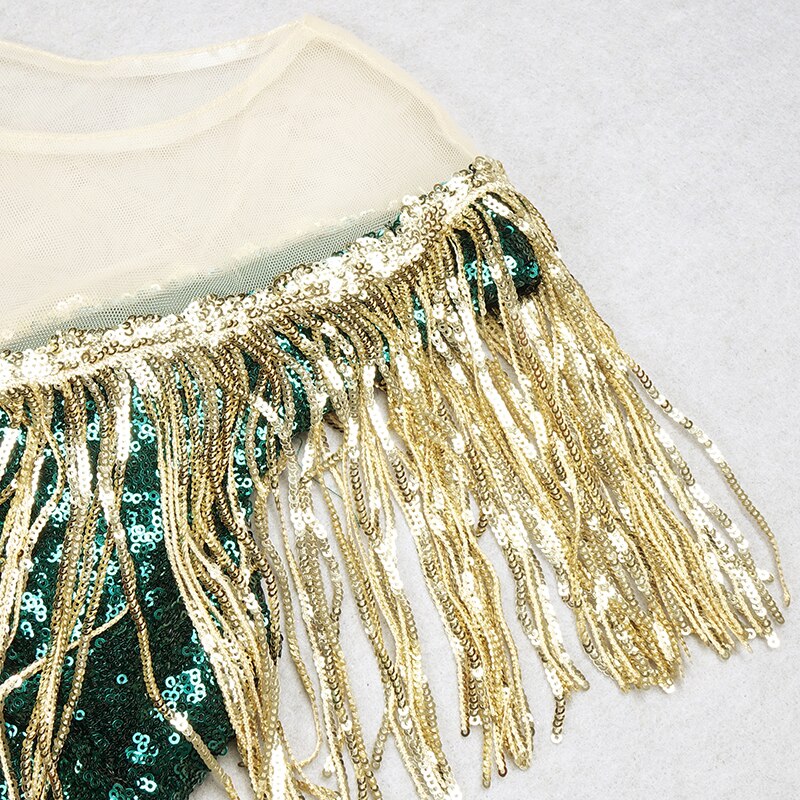 Dark Green Sequin Temperament Tassel Evening Gown