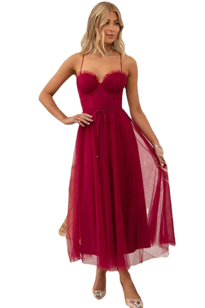 Elegant and sexy suspender mesh party evening dress