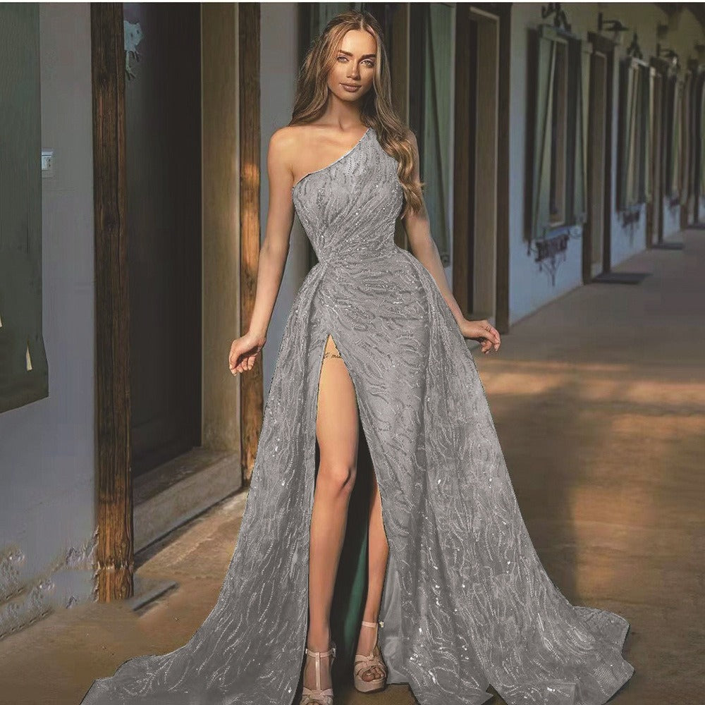 Oblique Shoulder Split Long Dress,with Sequin