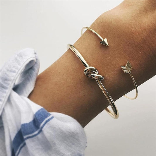 2PCS Vintage Gold Color Tie Knot Bracelet Bangles Simple Twist Cuff Open Bangles For Women Indian Jewelry Costume Jewellery
