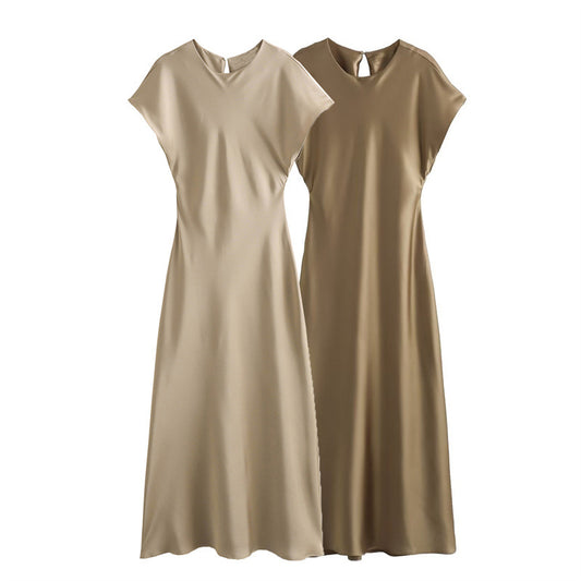 Satin Party Evening Women Midi Dress Elegant Keyhole Back ,A-Line Sleeveless