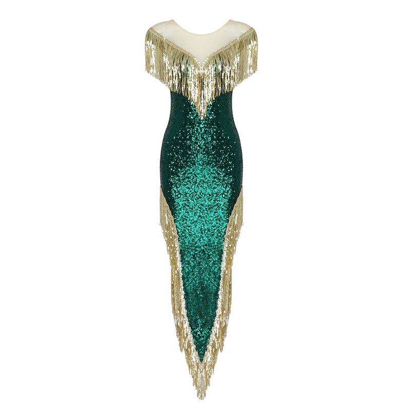 Dark Green Sequin Temperament Tassel Evening Gown