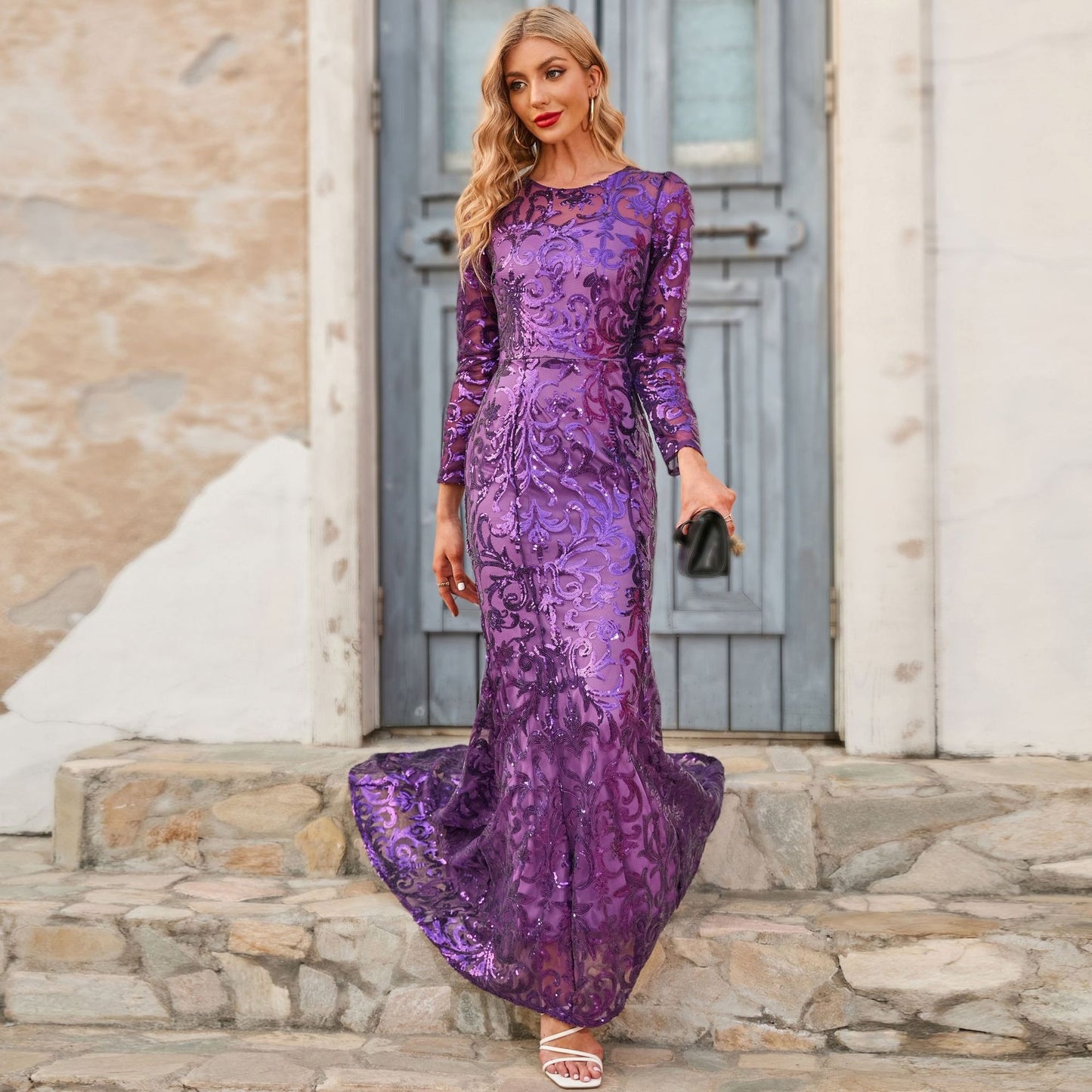 Sequined Round Neck Elegant Long Evening Dress